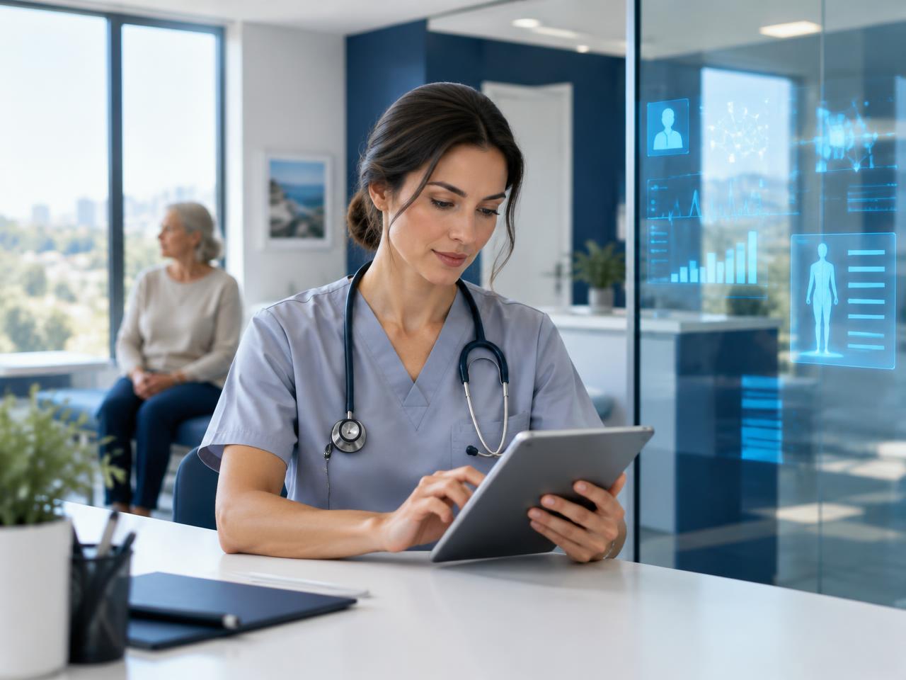 Clinician reviewing a tablet in a healthcare practice