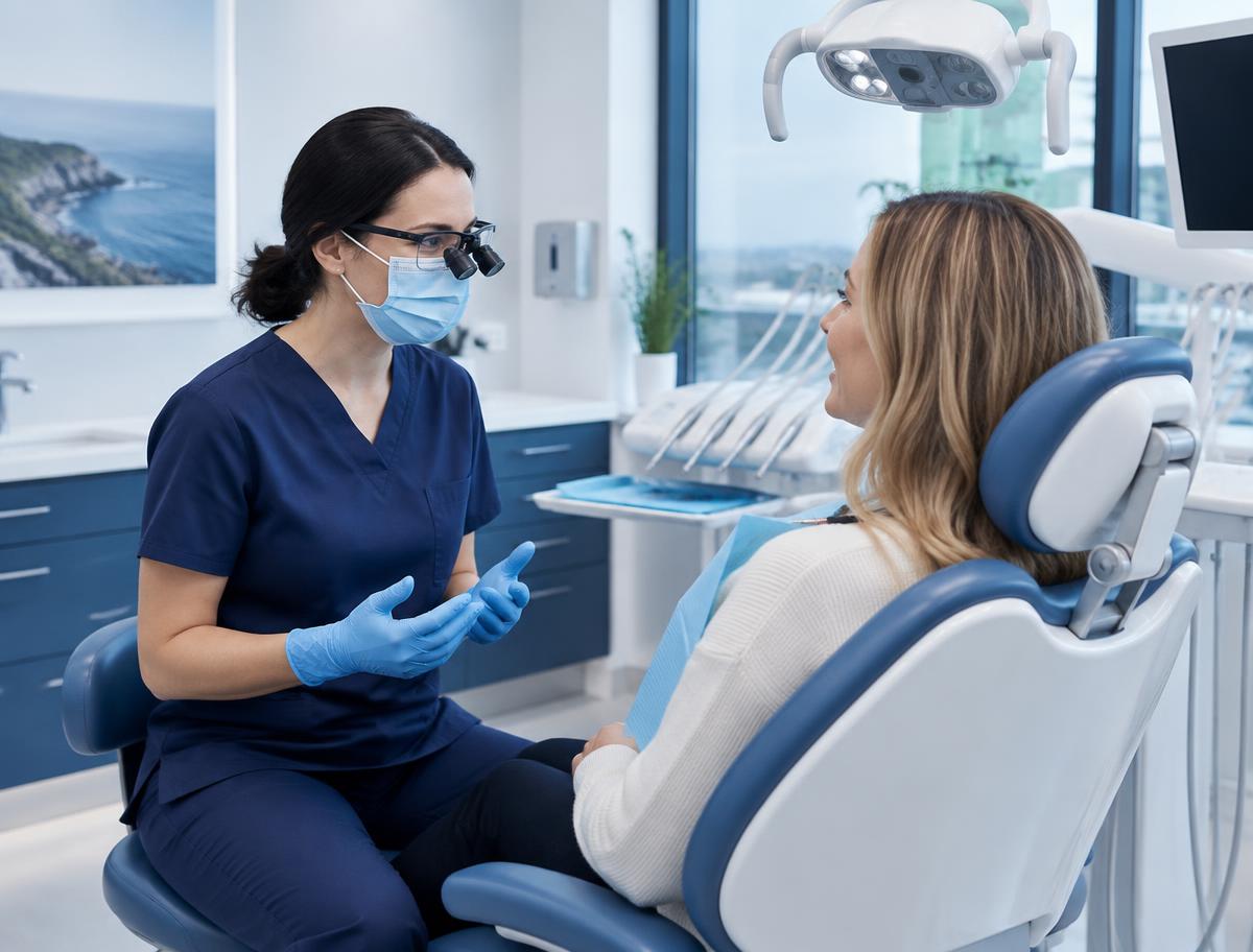 Dentist talking with a patient in a dental clinic