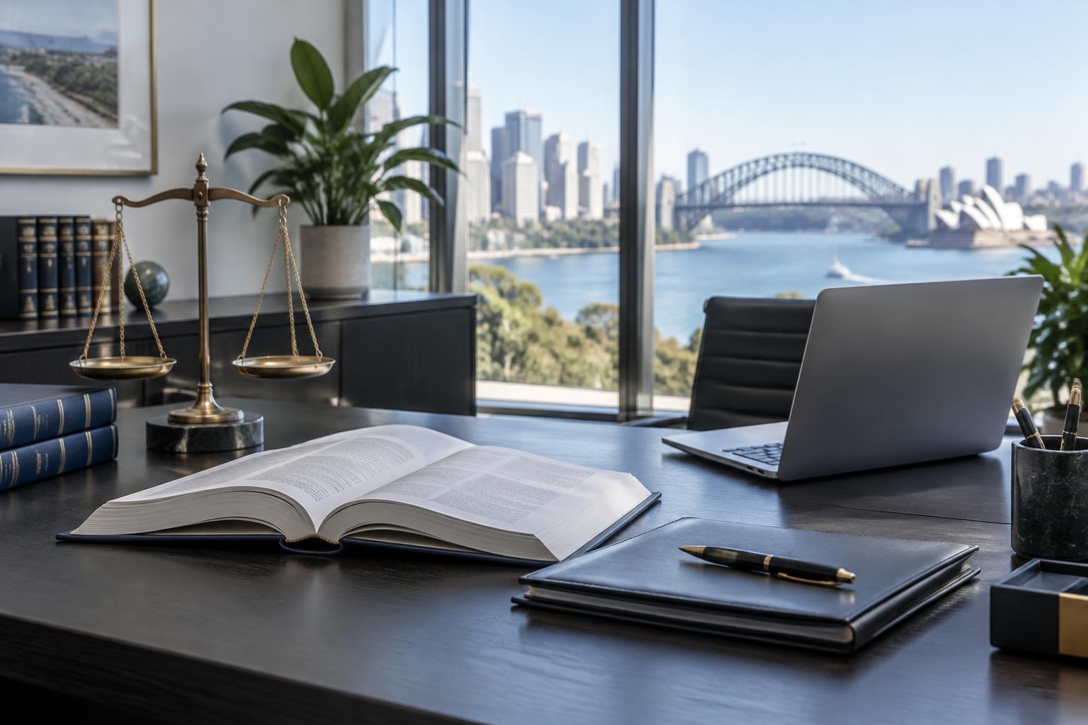 Legal reference book, laptop and scales of justice on a solicitor's desk