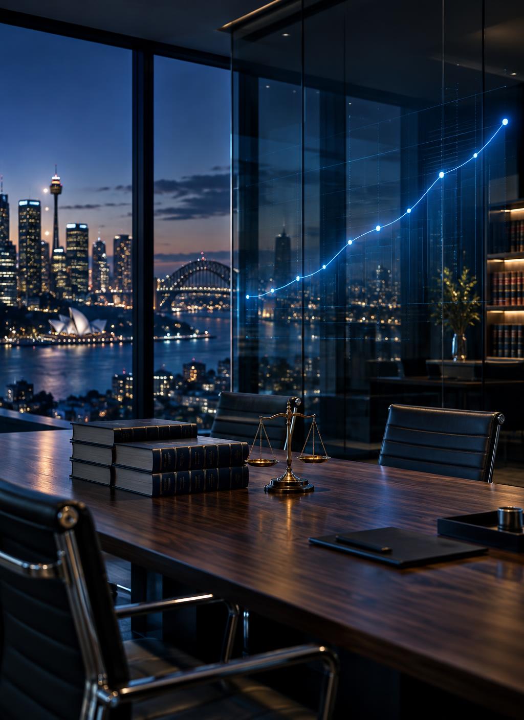 Modern law firm meeting room at dusk with a luminous electric-blue search visibility curve rising across the glass
