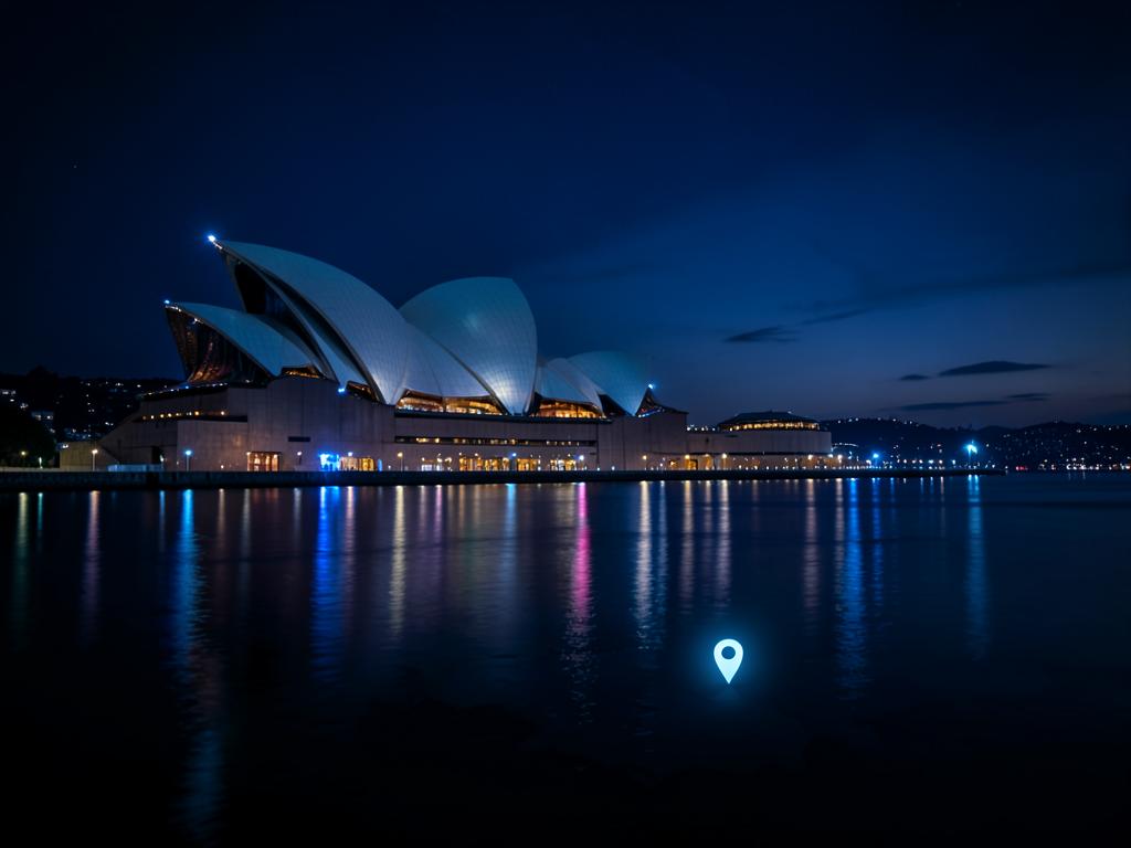 Sydney Opera House at dusk with a glowing map pin