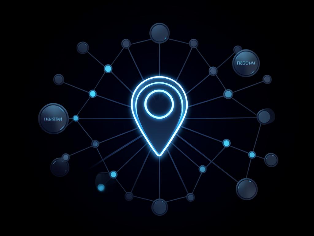 Glowing map pin at the centre of a connected local search network