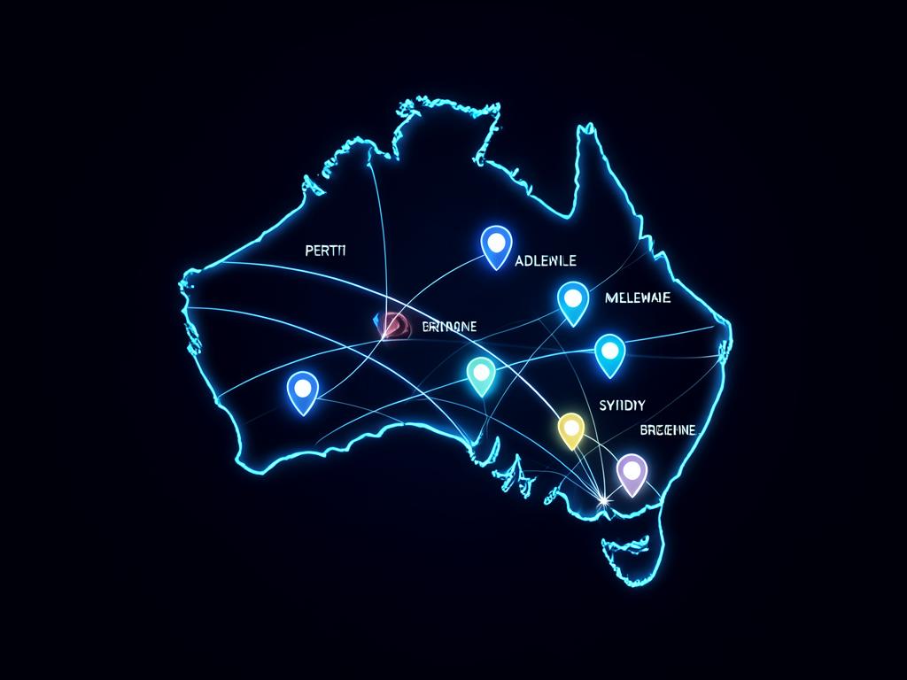 Glowing map of Australia linking business locations across cities