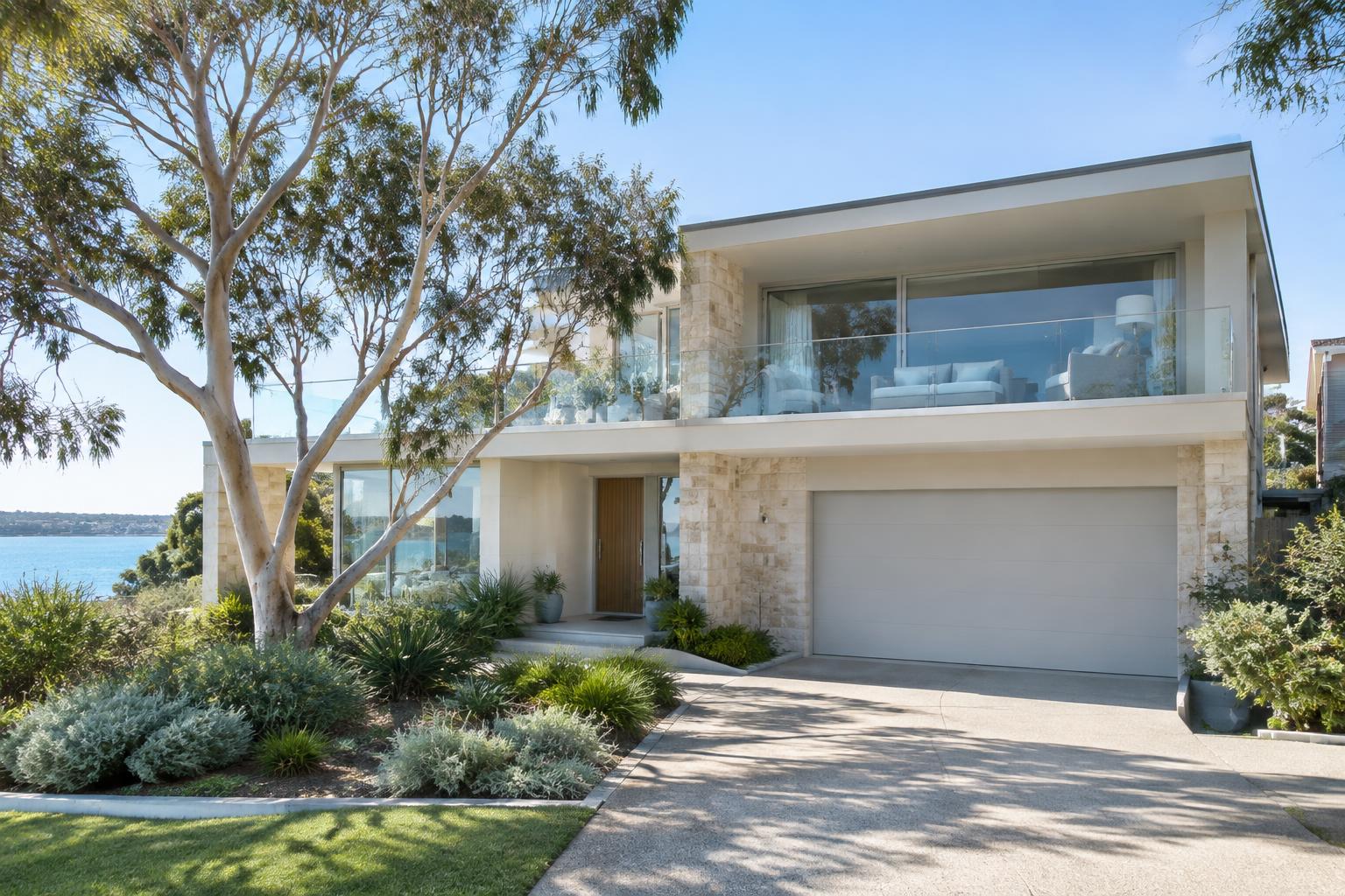 Contemporary Australian coastal property with eucalyptus landscaping in an architectural wireframe