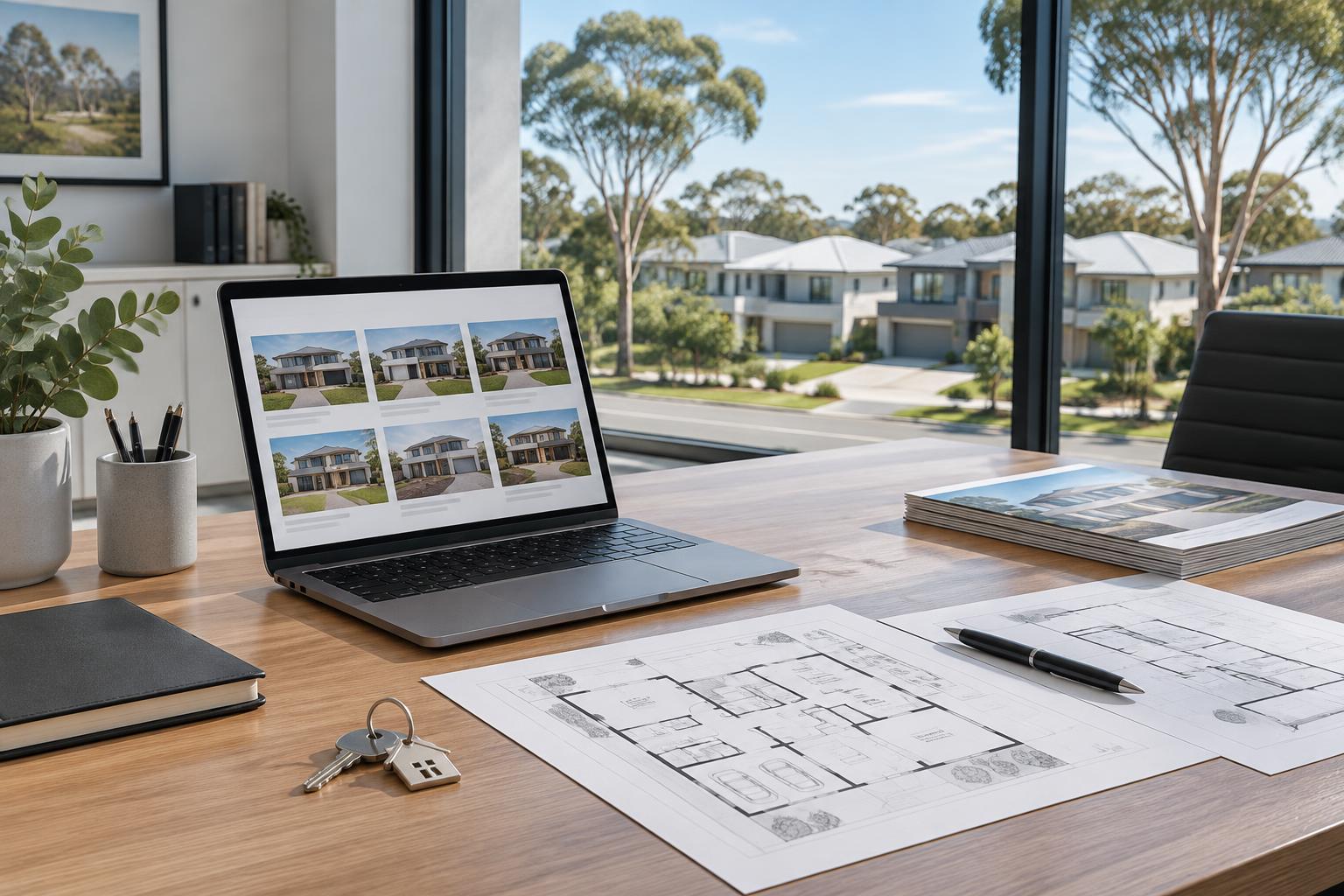 Property agency workspace with listings, floor plans and house keys