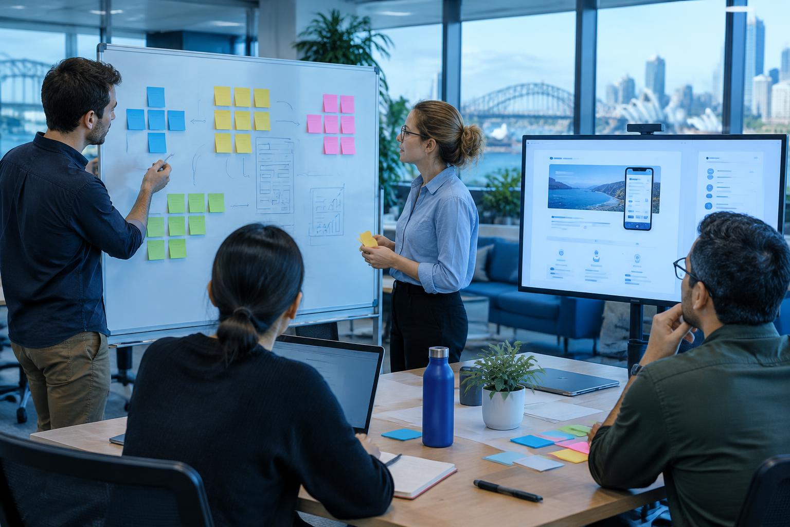 Software team planning a SaaS content strategy at a whiteboard
