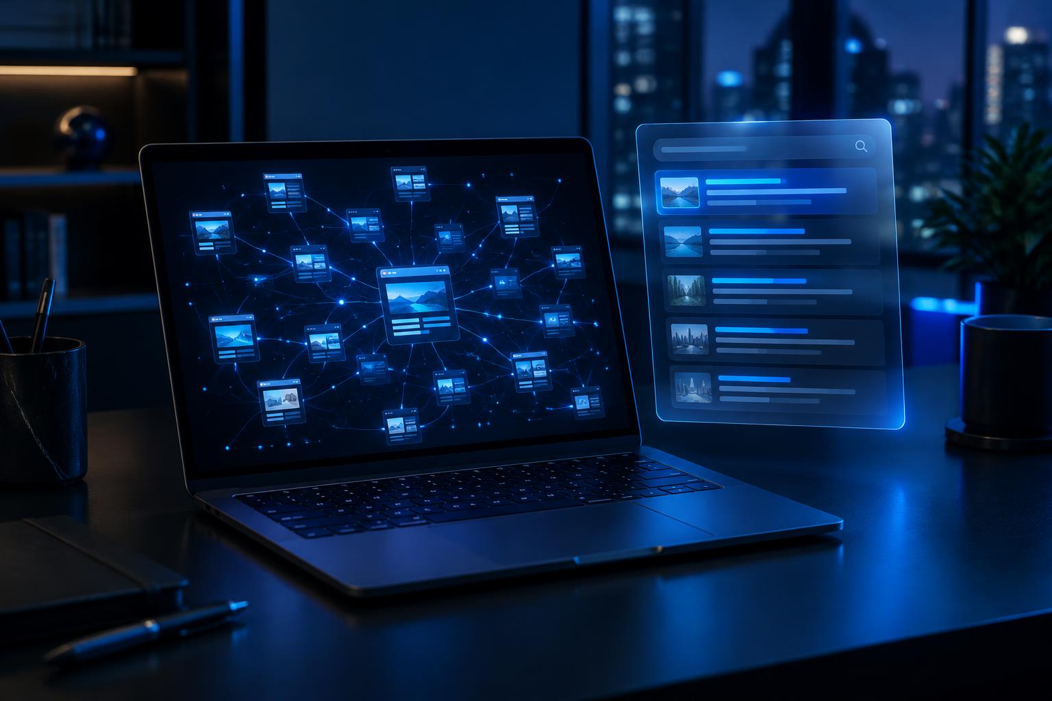 Laptop showing a website's page network beside floating search result rows