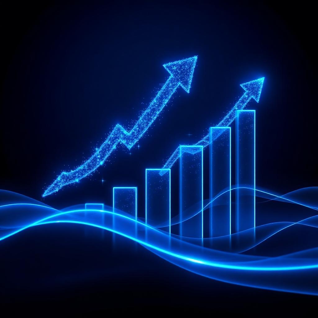 Electric blue growth arrow rising above performance bars